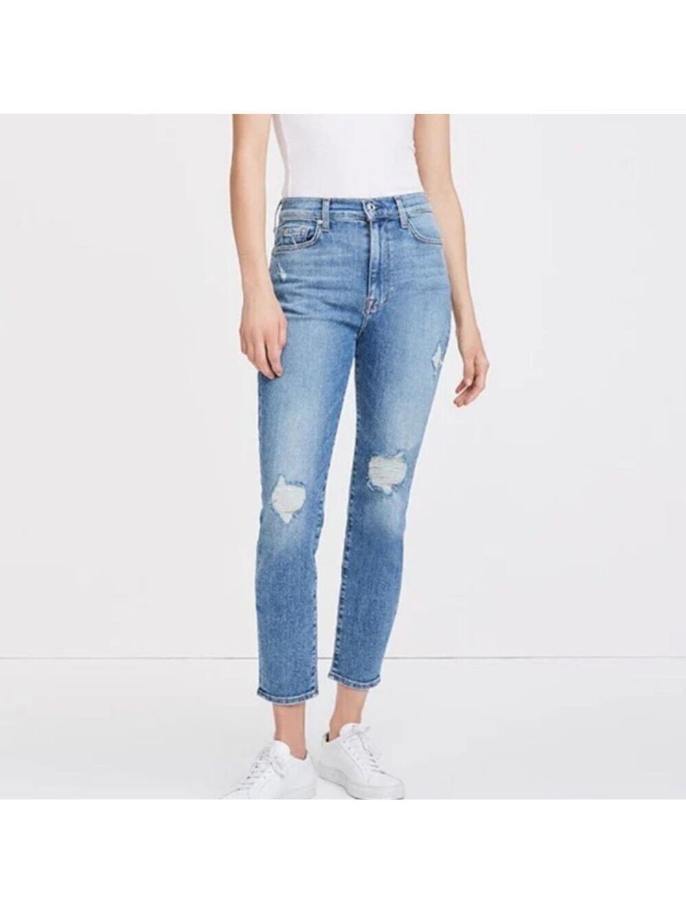7 For All Mankind HIGH WAIST ANKLE SKINNY Blue Distressed Ankle Jeans SZ 27